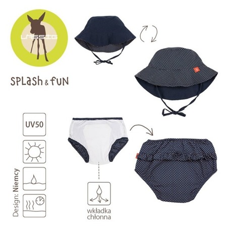 Lassig Zestaw kapelusz i majteczki do pływania z wkładką chłonną Polka Dots navy UV 50+ 12 m-cy